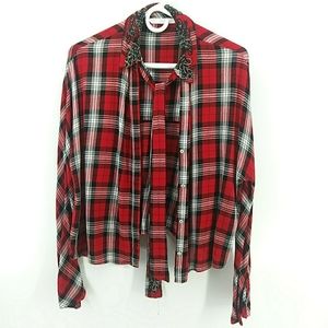Zara Trafaluc Collection Beaded Collar Red Plaid Top with Tie Medium